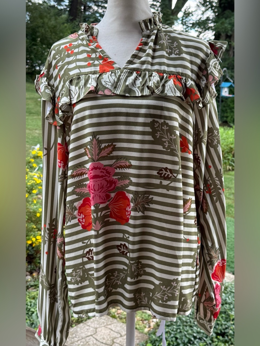 CELINA MOON Olive & Cream Floral Stripe Blouse